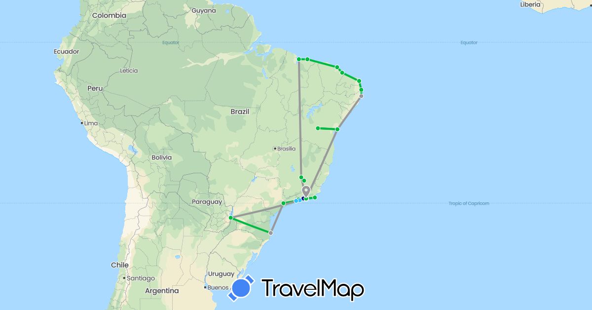 TravelMap itinerary: driving, bus, plane, boat in Brazil (South America)